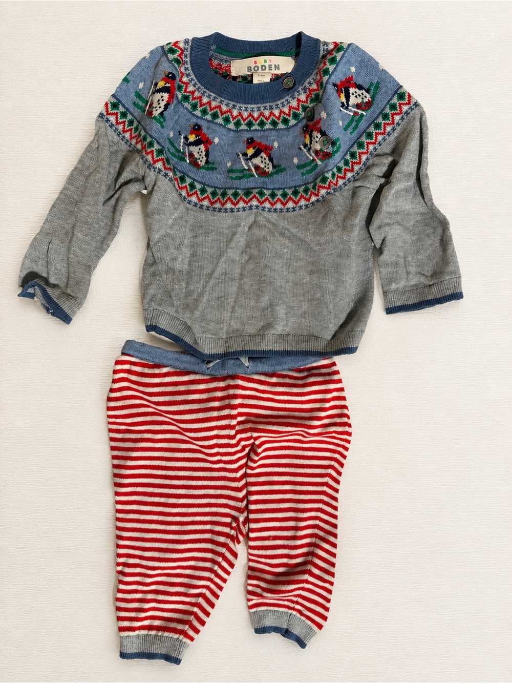 Baby Boden Set with Penguin and Red Striped Pants